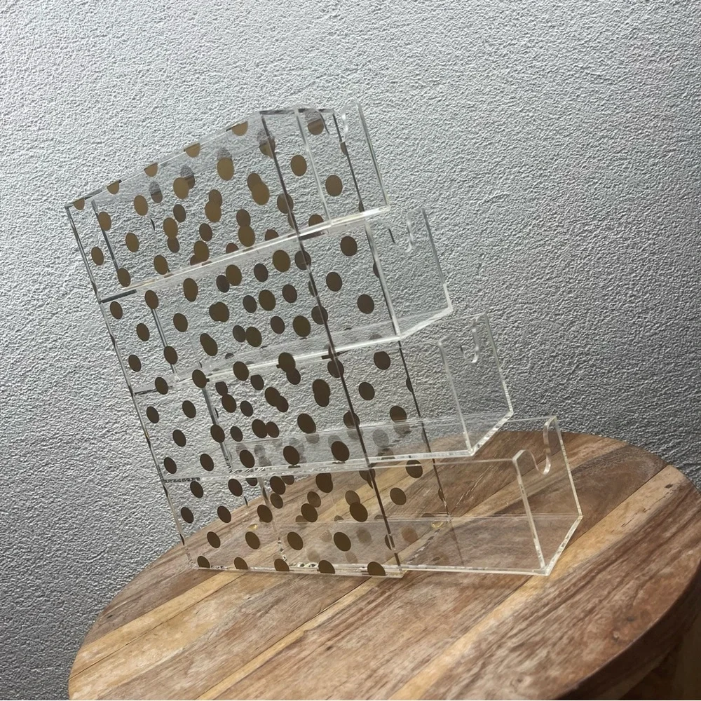 Retro l Clear Acrylic Gold Polka Dot Four Drawer Beauty Cosmetic Tower Organizer